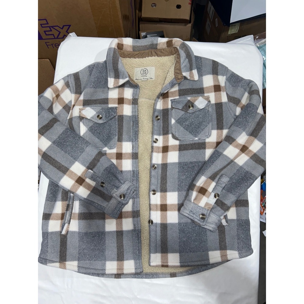Sage Collective Sherpa Lined Plaid Flannel Shirt Jacket Grey Brown XXL Shacket
